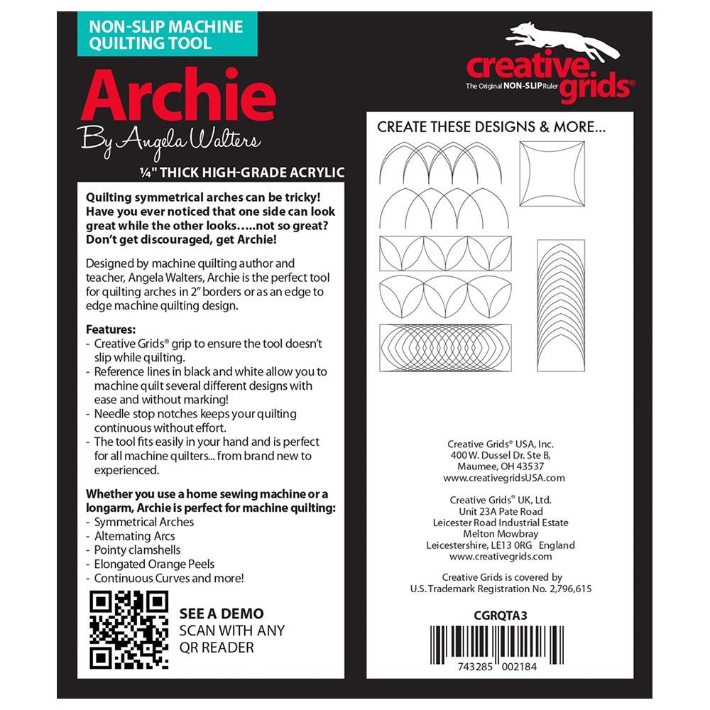 Creative Grids Machine Quilting Tool Archie - CGRQTA3 - Made in USA, Non-Slip Grip Acrylic Quilting & Sewing Template Ruler for Free-Motion Quilt Patchwork Design on Domestic Sewing & Longarm Machine