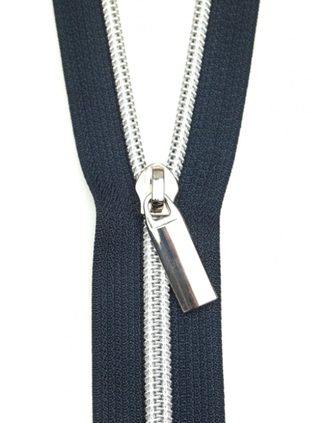 Sallie Tomato # 5 Yard Zipper, Navy Tape Silver Teeth