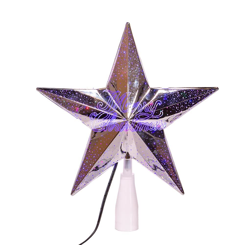 Kurt S. Adler Kurt Adler 18-Light 8-Inch RGB Flicker Merry Christmas Silver Star Treetop Tree Topper, Multi, AD2401