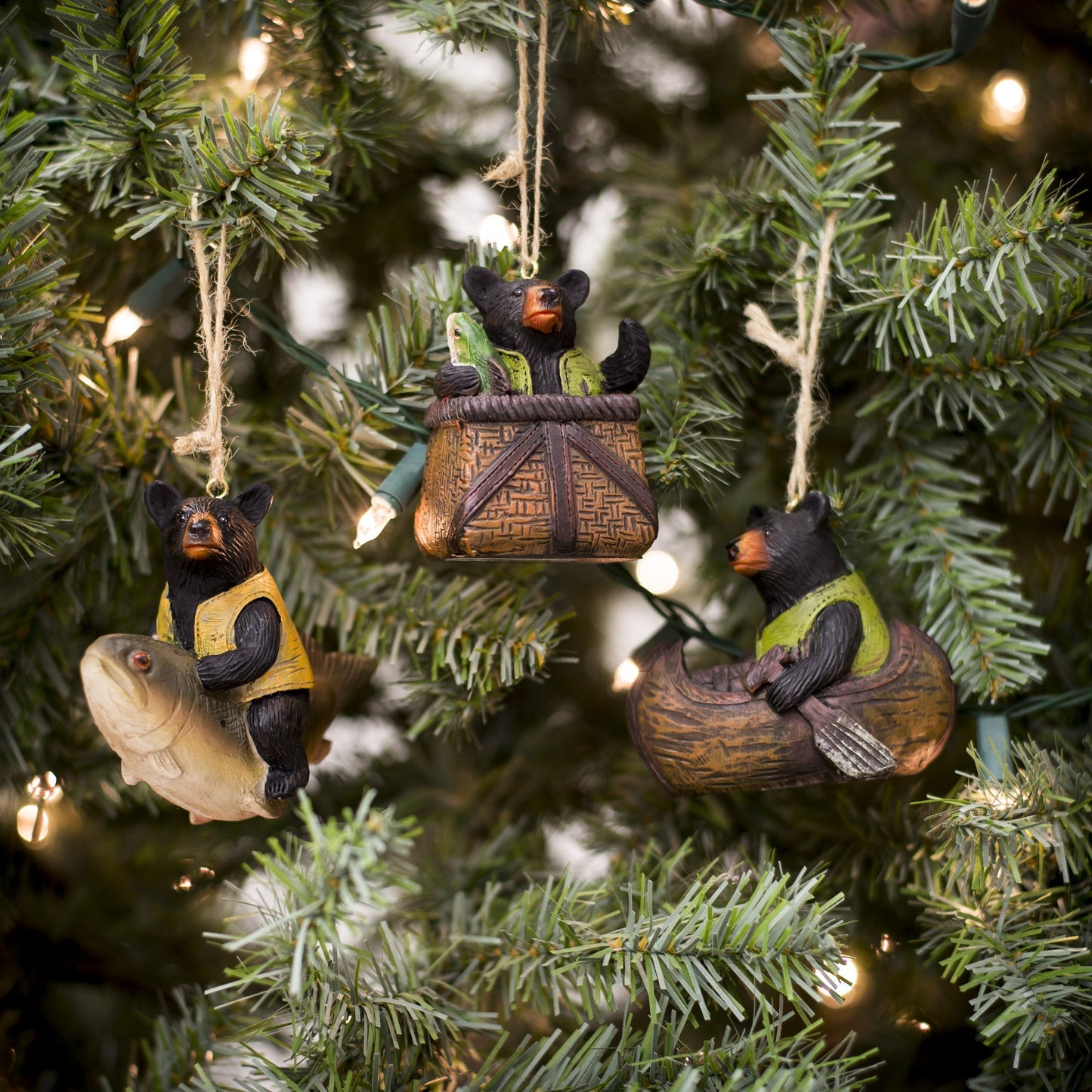 3 Piece Lodge Bear Fishing and Canoeing Hanging Ornaments Set