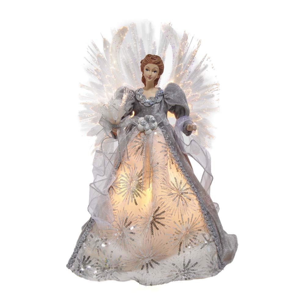 Kurt Adler 16-Inch Fiber Optic White, Silver, and Gray Angel Tree Topper, Multicolor