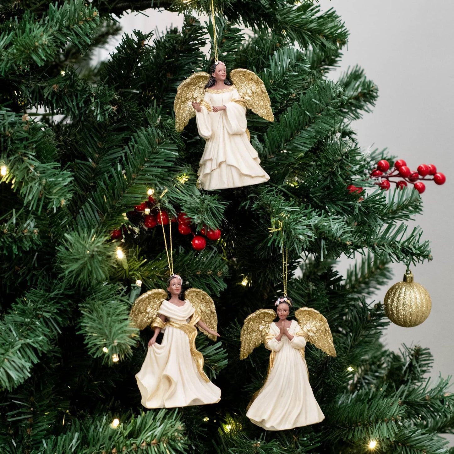 Kurt Adler IVORY AND GOLD AFRICAN AMERICAN ANGEL ORNAMENT - 3 ASSORTED