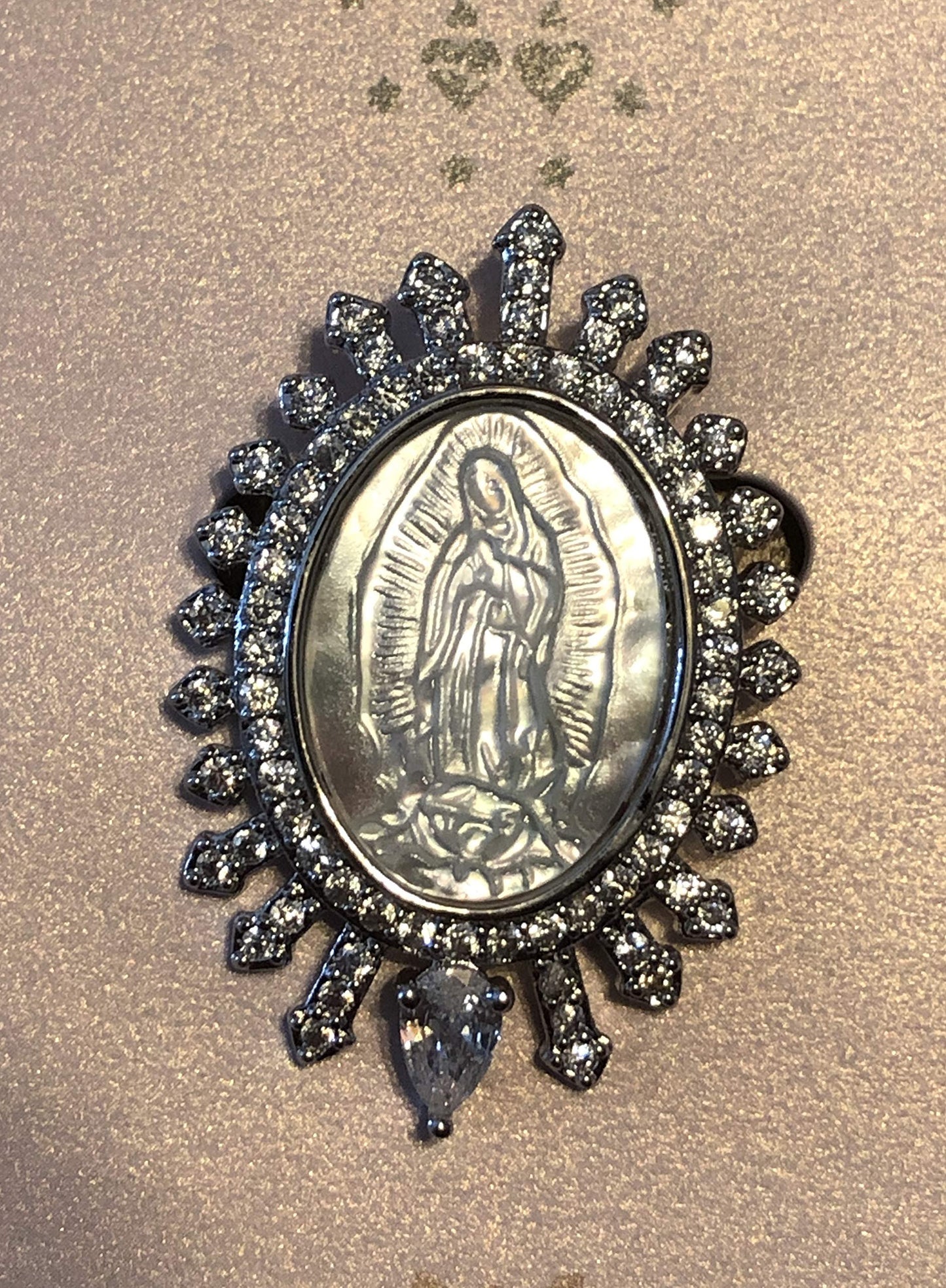 Roman 1.5" Our Lady of Guadalupe Madonna Grace Oval Silver Tone Brass and Glass Brooch Pin Pendant 13424