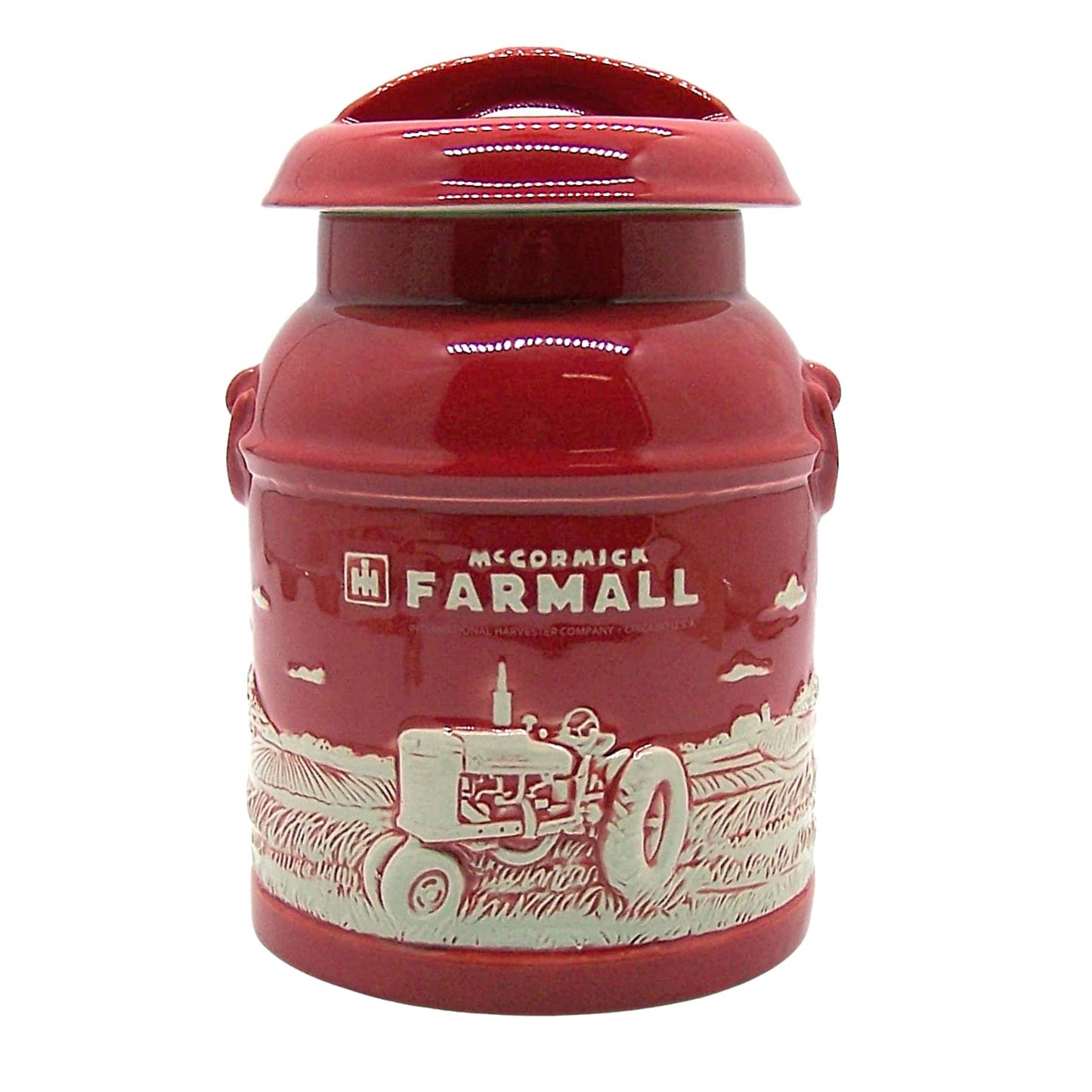 M Cornell Importers, Inc. IH Farmall Raised-Relief Stoneware Milk Can Cookie Jar