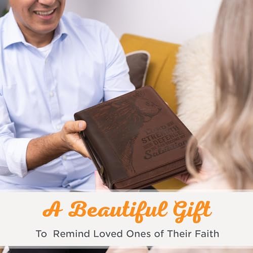 Christian Art Gifts Men's Classic Bible Cover The Lord is My Strength Lion Exodus 15:2, Brown Faux Leather