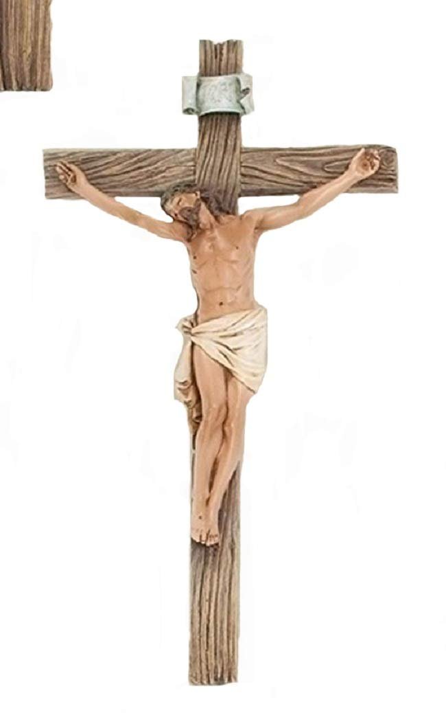 Roman Traditional Figure Textured Wood Look 4.25 x 8 Resin Stone Wall Crucifix