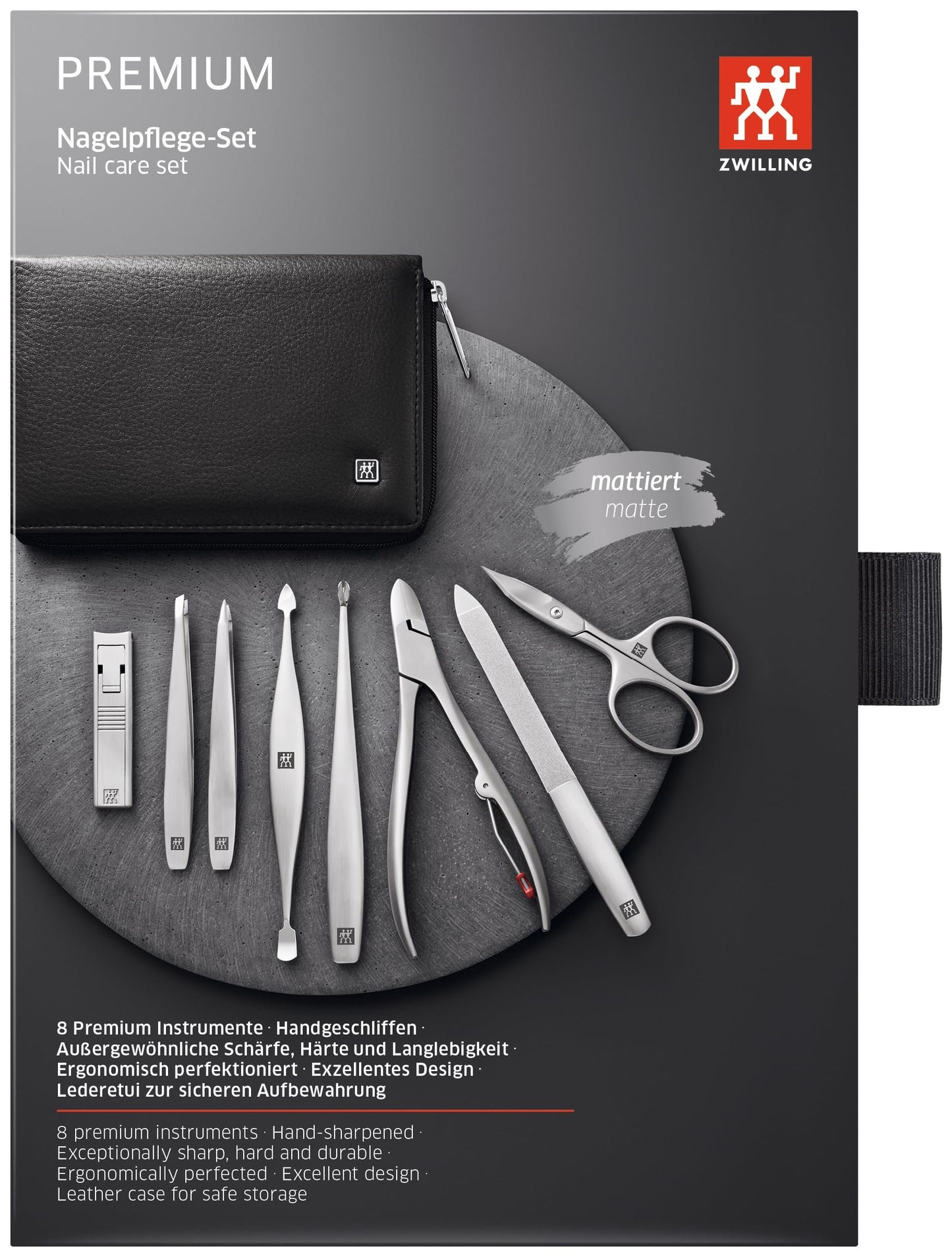 ZWILLING Beauty TWINOX Manicure and Pedicure Nappa Leather Case with Zip Closure, Nail Care Kit, 9-Piece, Premium Travel Nail Kit, Black