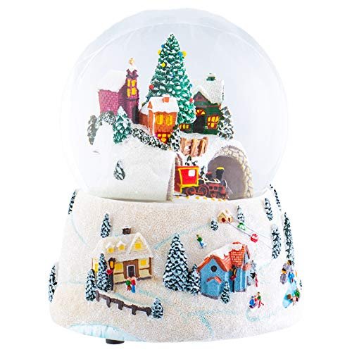 Musical Village Rotating Train White 6 inch Resin Holiday Wind Up Snow Dome