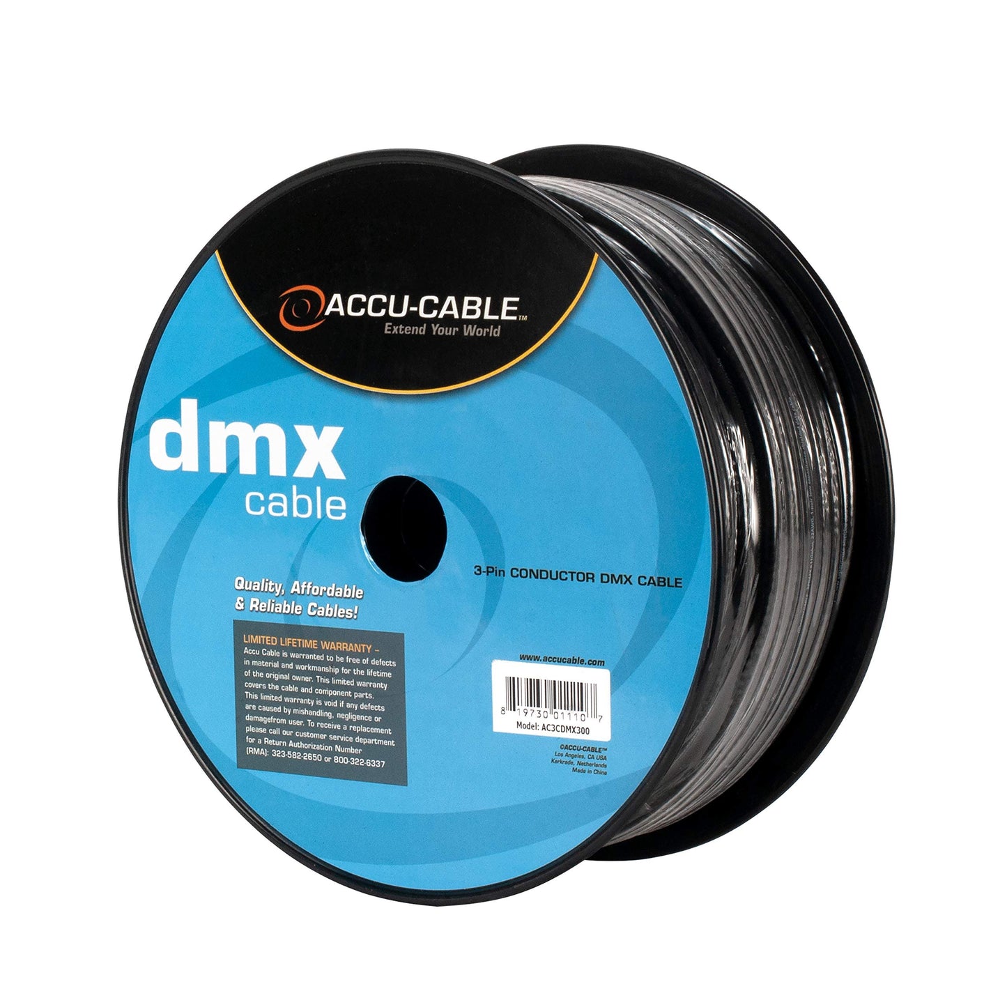 Accu Cable AC3CDMX300, DMX Stage Light Cable, 3 Pin DMX Extension Cable Spool (300 FT)