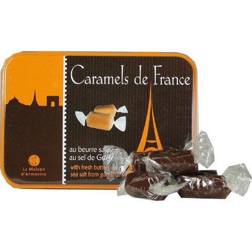 La Maison d'Armorine, Caramels de France au Beurre Sale au Sel de Guerande - Chocolat (French Sea Salted Tender Butter Caramels) in Small Collectors Eiffel Tower Tin, 5.3 Oz