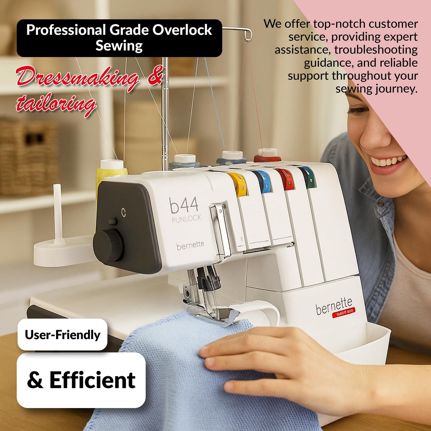 Bernette B44 Overlock Sewing Machine | Professional Serger with 2-3-4 Thread Options | Heavy-Duty Stitching | Includes Accessories Kit with Presser Feet, Needles, Threader, Extension Table