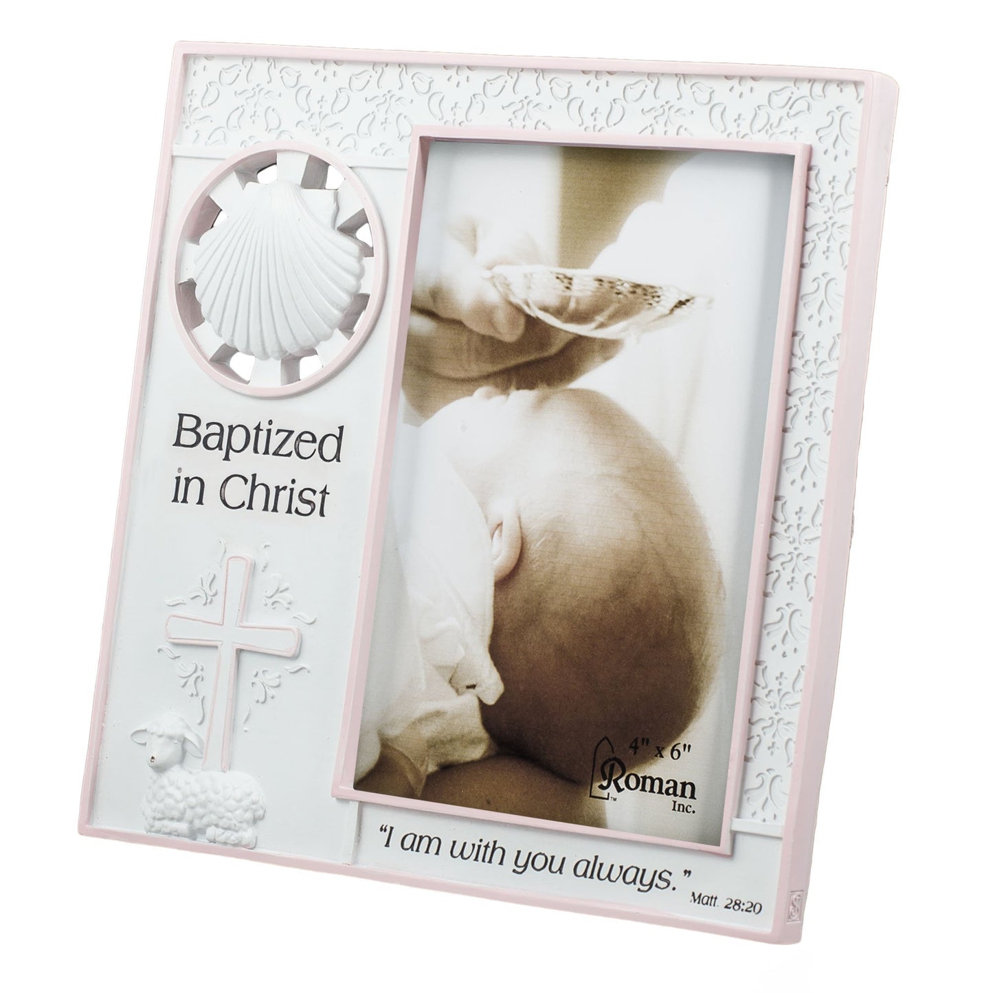 Baptized in Christ Vertical 4x6 Picture Frame - Matthew 28:20 Scripture (Pink)
