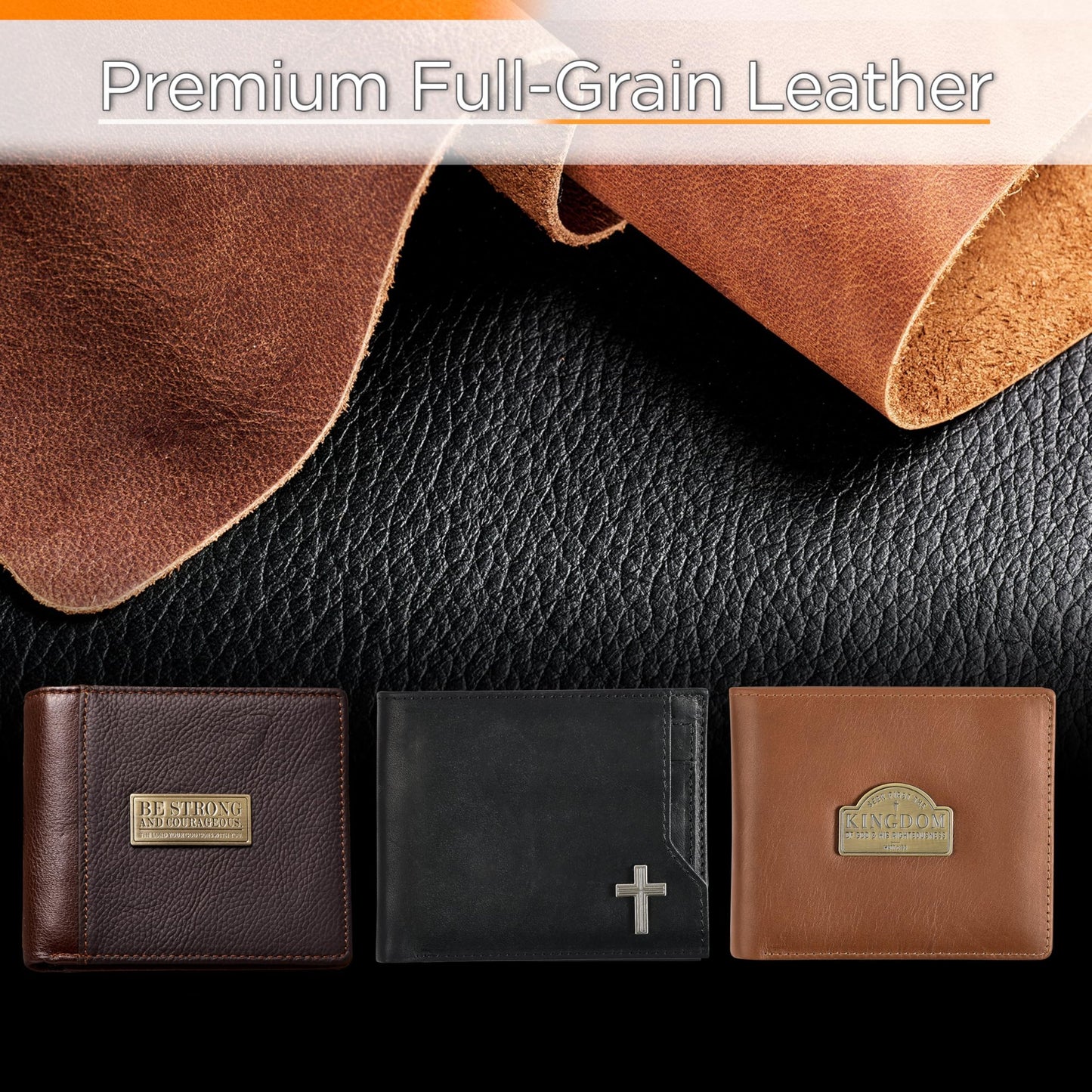 Christian Art Gifts Genuine Premium Full Grain Leather RFID Blocking Silver Engraved Cross Wallet for Men: Multi Pocket Billfold w/Removable ID Window Accessory for Credit Cards, Bills, Photos, Black