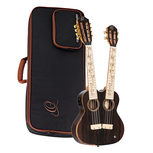 Ortega Guitars Custom Built Series Double Neck 4 & 8 String Tenor Acoustic-Electric Ukulele w/Bag, Right (Hydra-ZS)