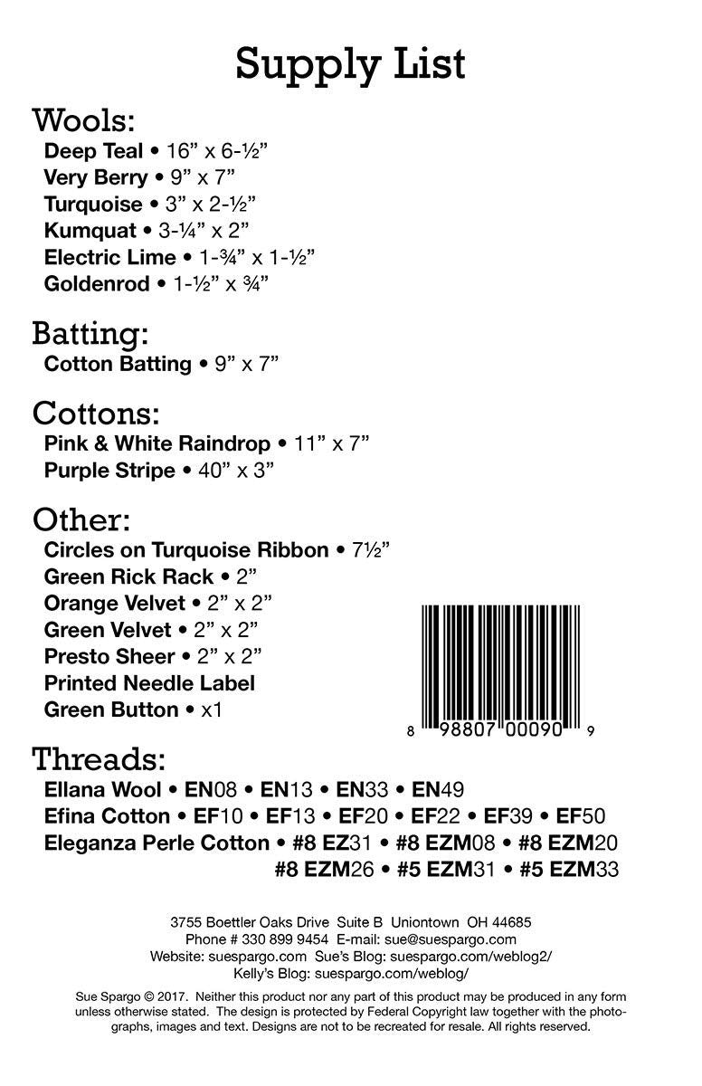 Bird & Bloom Needle Case pattern by Sue Spargo - Wool Applique Project, 6.5" x 8.5"