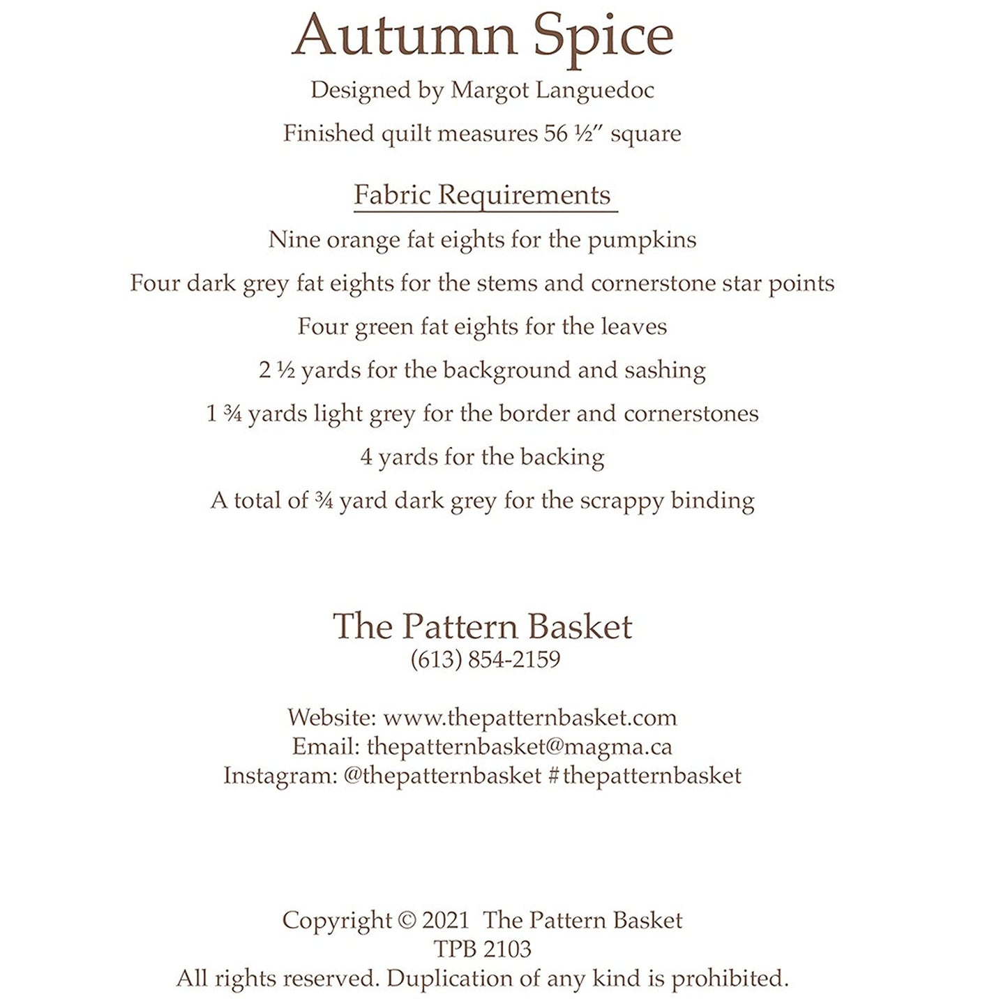 Autumn Spice Quilt Pattern by The Pattern Basket TPB2103