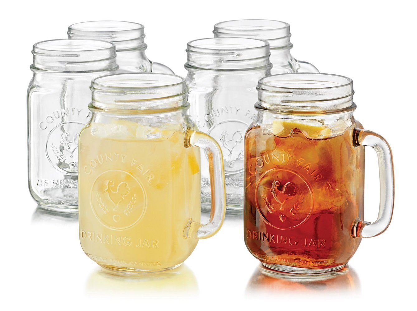 Libbey 6-Piece Country Folk Collection County Fair Glass Drinking Jar with Handle Set, 16.5-Ounce