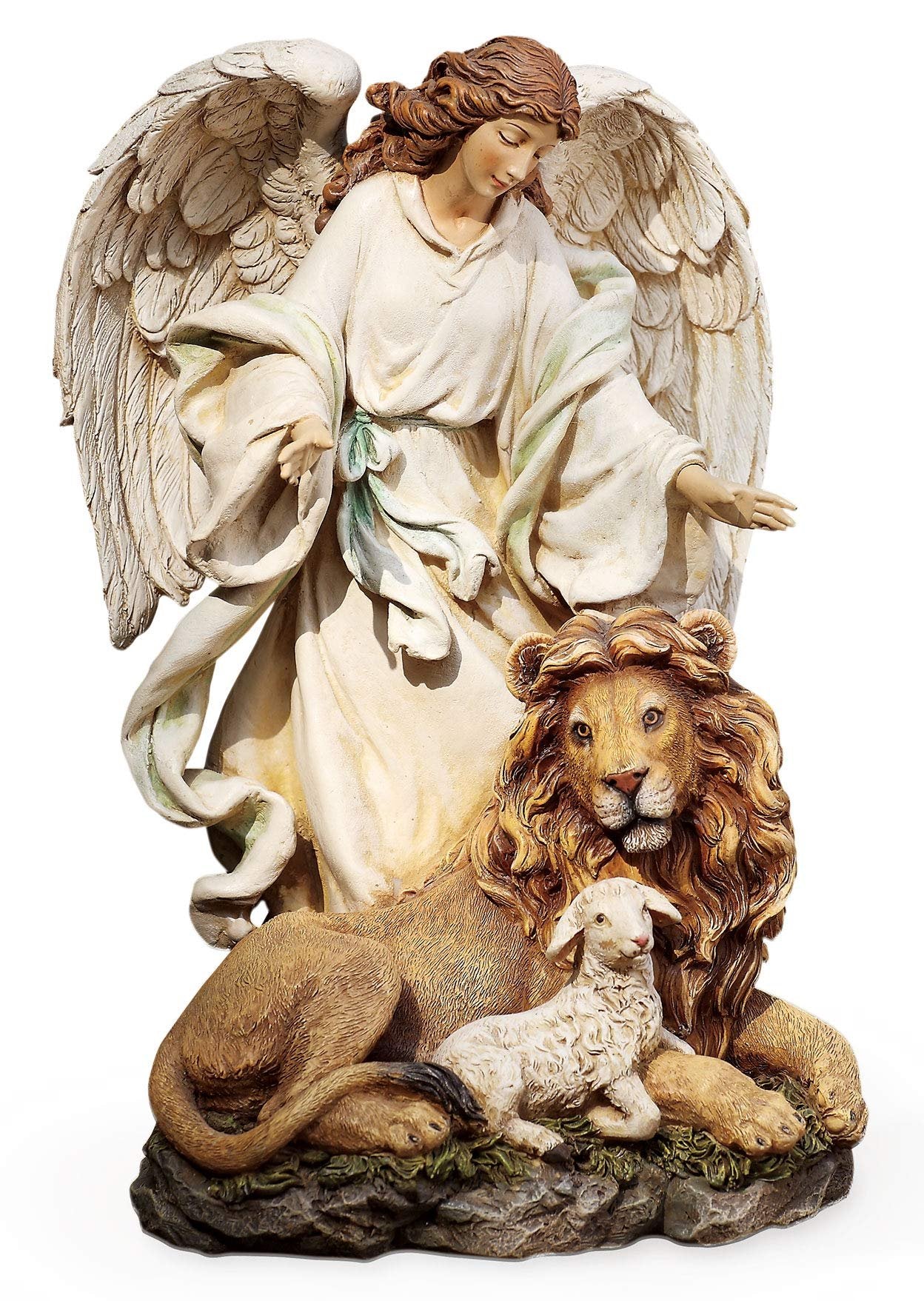 Joseph's Studio by Roman - Guardian Angel with Lion and Lamb Figure on Base, Renaissance Collection, 9.25" H, Resin and Stone, Religious Gift, Decoration