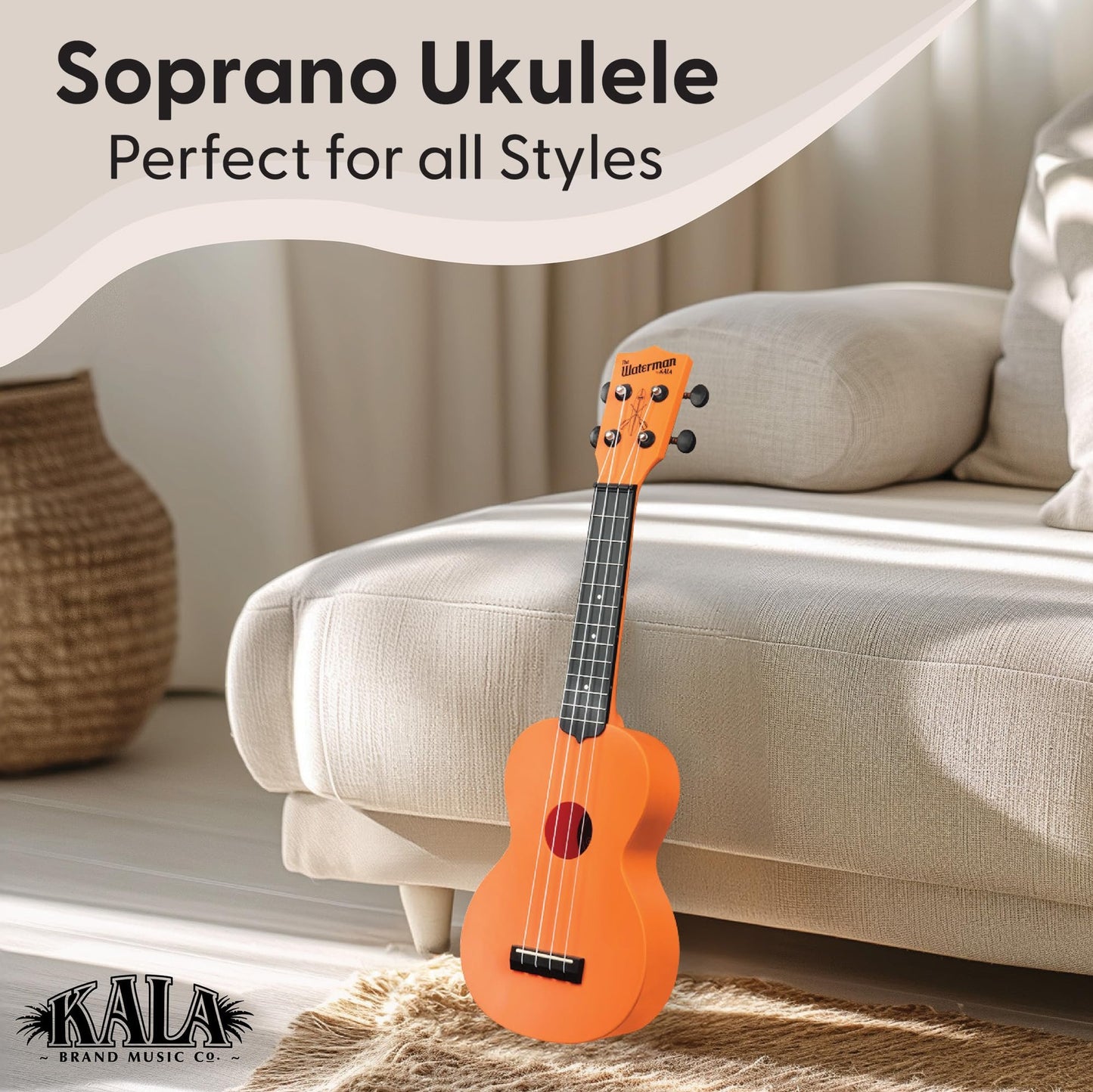 Kala Brand Music Co. The Waterman Beach Collection, 4-String Ukulele, Right, Sunset Orange, Soprano (KA-WMS-OR-S)