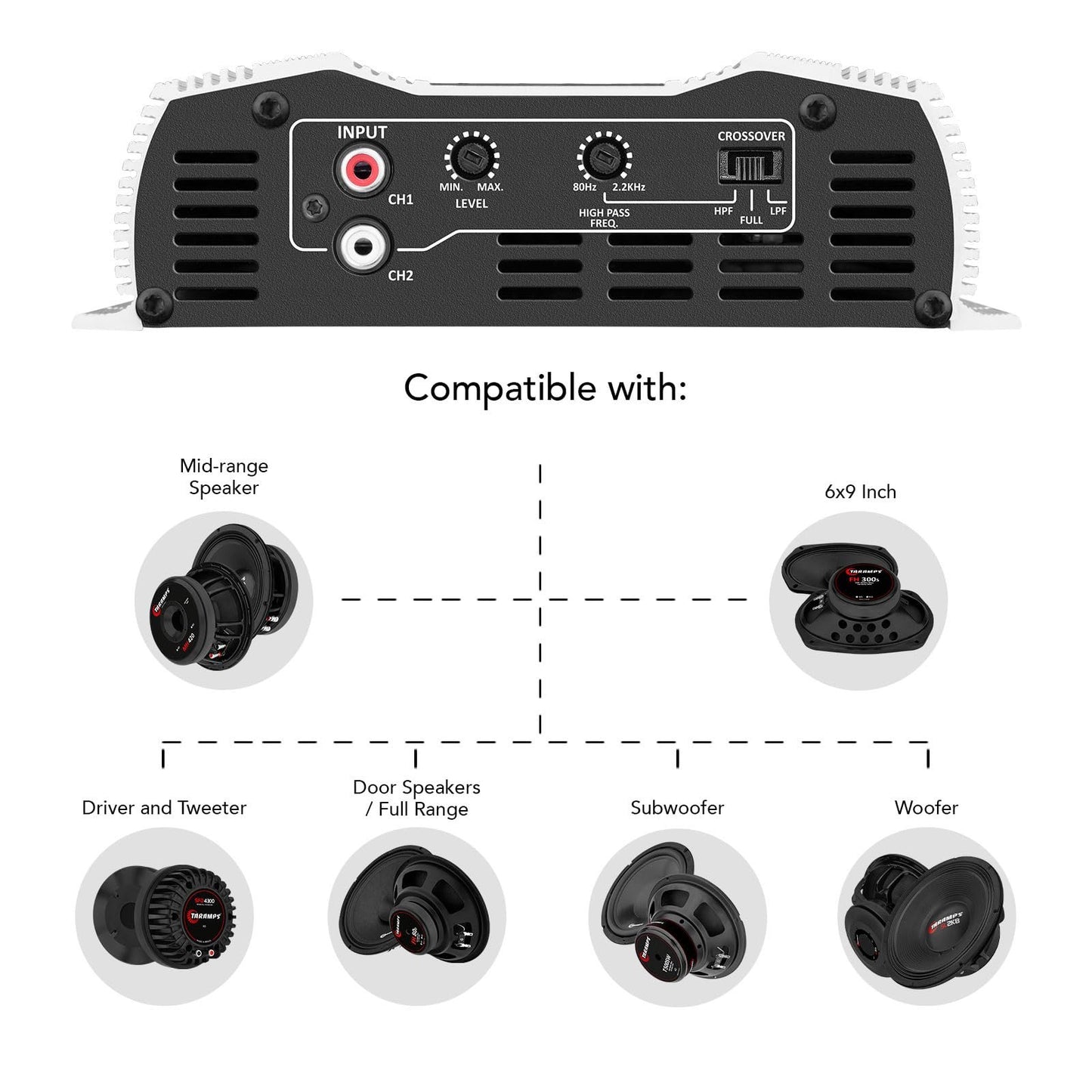 Taramps DS 800x2 2 Ohms 800 Watts Rms 2 Channels of 400 Watts 2 Ohms, Bridgedable with 800 Watts at 4 ohms, Car Audio Amplifier Digital, Full Range Crossover High/Low Pass Fixed, System Class D
