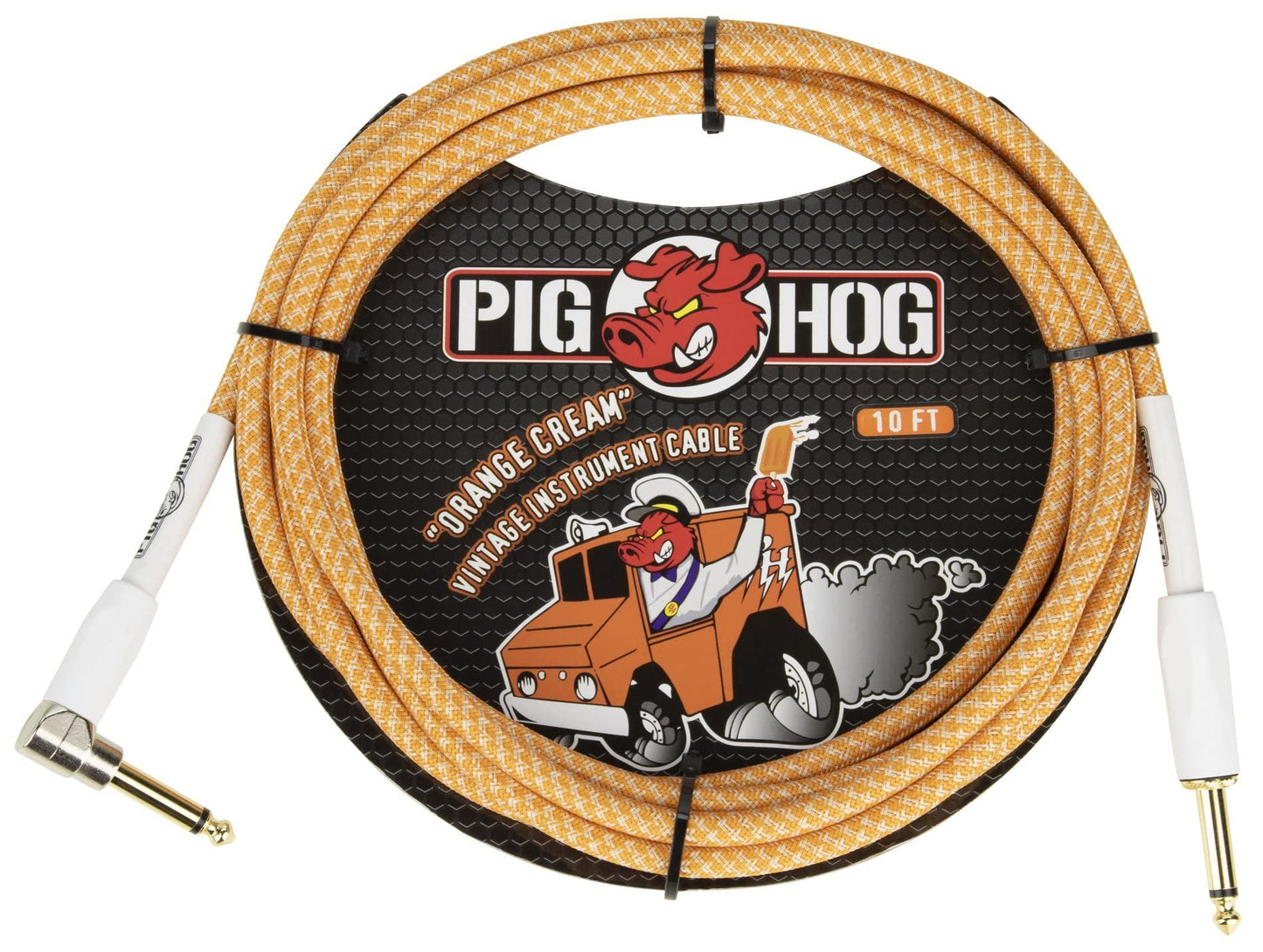 Pig Hog PCH102OCR Orange Creme 2.0-inch Instrument Cable Right Angle 1/4"-1/4" Right Angle Connectors 10-Feet Woven Outer Covering