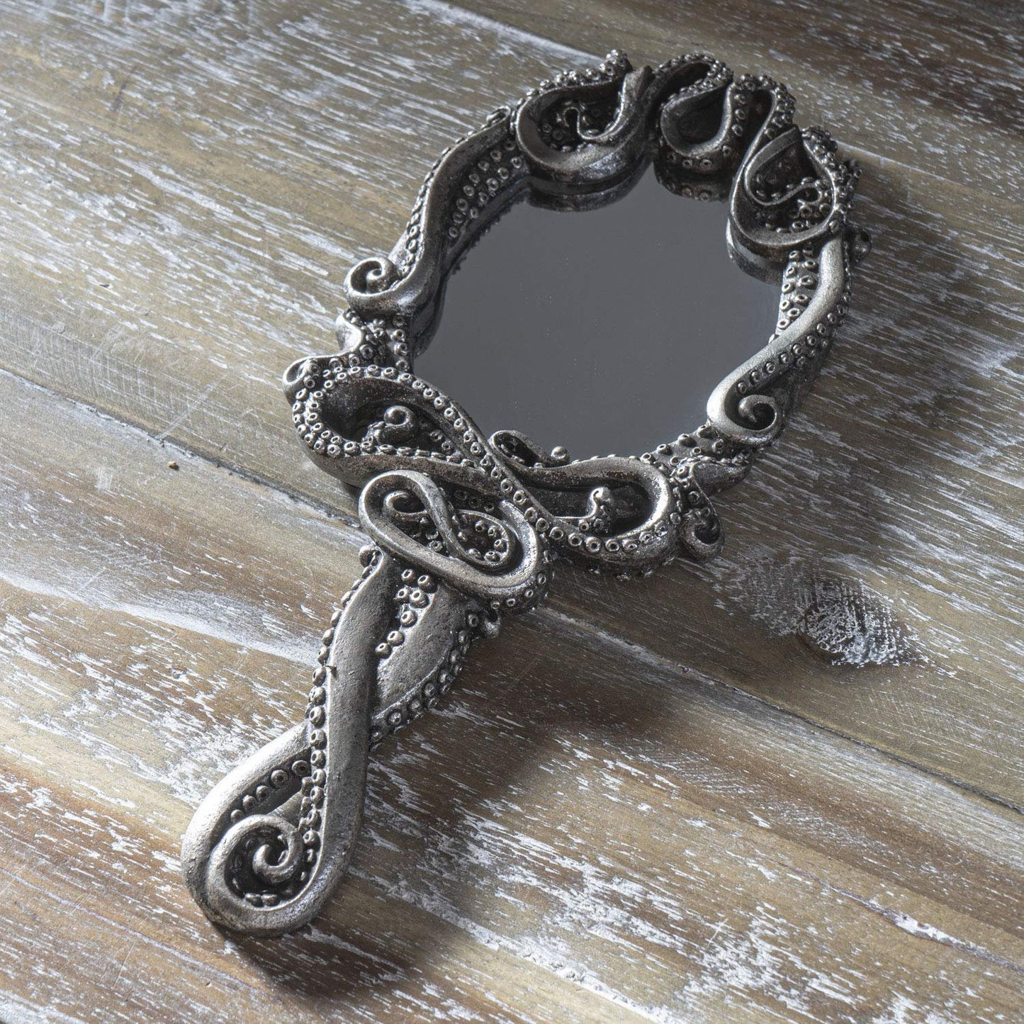 Pacific Trading Gothic Kraken Hand Held Mirror Home Accent Decor, Small Decorative Antique Sea Creature Inspired Silver Tone Mirrors with Handle, 14050