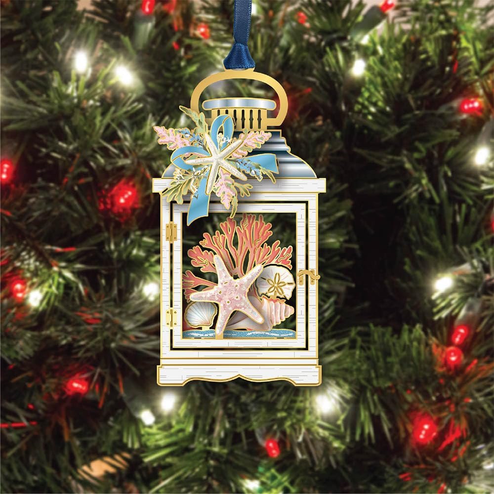 Beacon Design Coastal Lantern Ornament Plated in 24kt Gold and Decorated with Starfish Shell, Tree Decoration for Coastal Beach Summer Lover