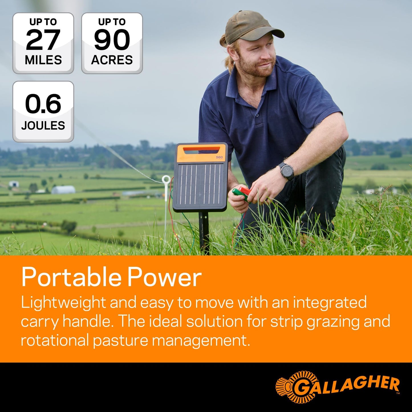 Gallagher S60 Solar Fence Charger | 0.6 Joule Energizer for Livestock, Poultry, Gardens, and Wildlife Exclusion | Powers Up to 6 Miles of Fence | Lithium Battery for Reliable Off-Grid Power