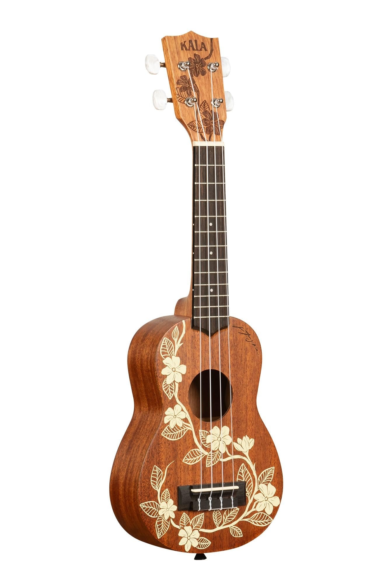 Kala Brand Music Co., 4-String Ukulele, Right, Stained Mahogany with Ivory Graphic, Soprano (KA-Gardenia-S_W/Bag)