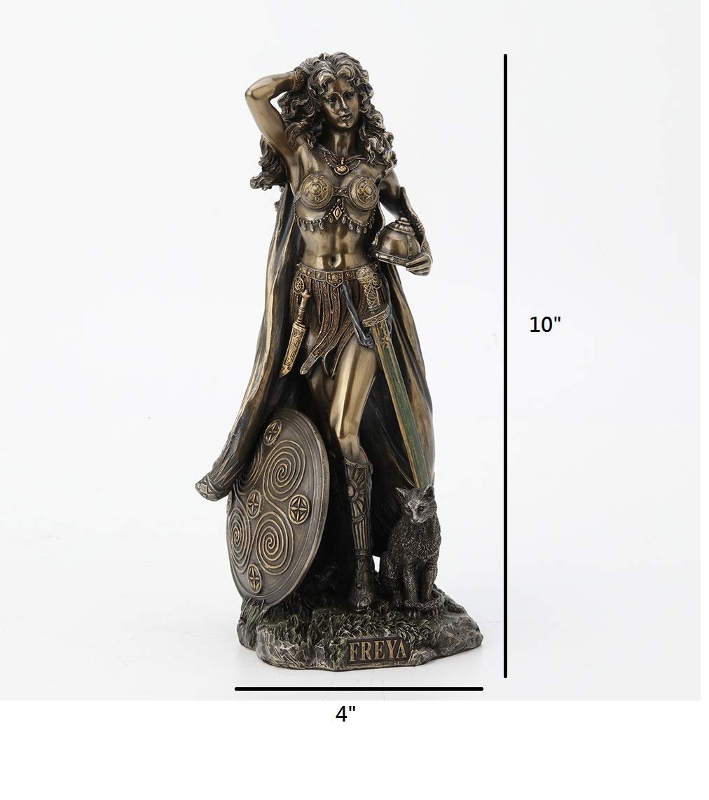 Veronese Design Freya, Norse Goddess of Love, Beauty and Power, with Helmet and Shield - Antique Bronze Finished Resin Statue - Excellent Detail, Hand Painted Accents - 10 Inches Tall