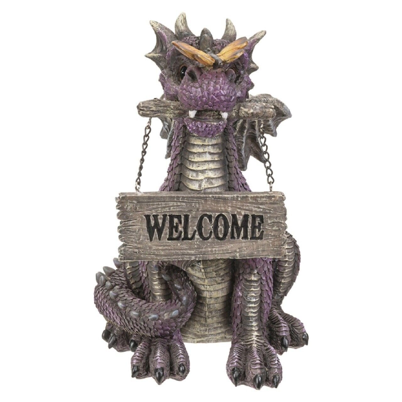 Pacific Trading Purple Dragon with Welcome Sign Figurine 9.8 Inch