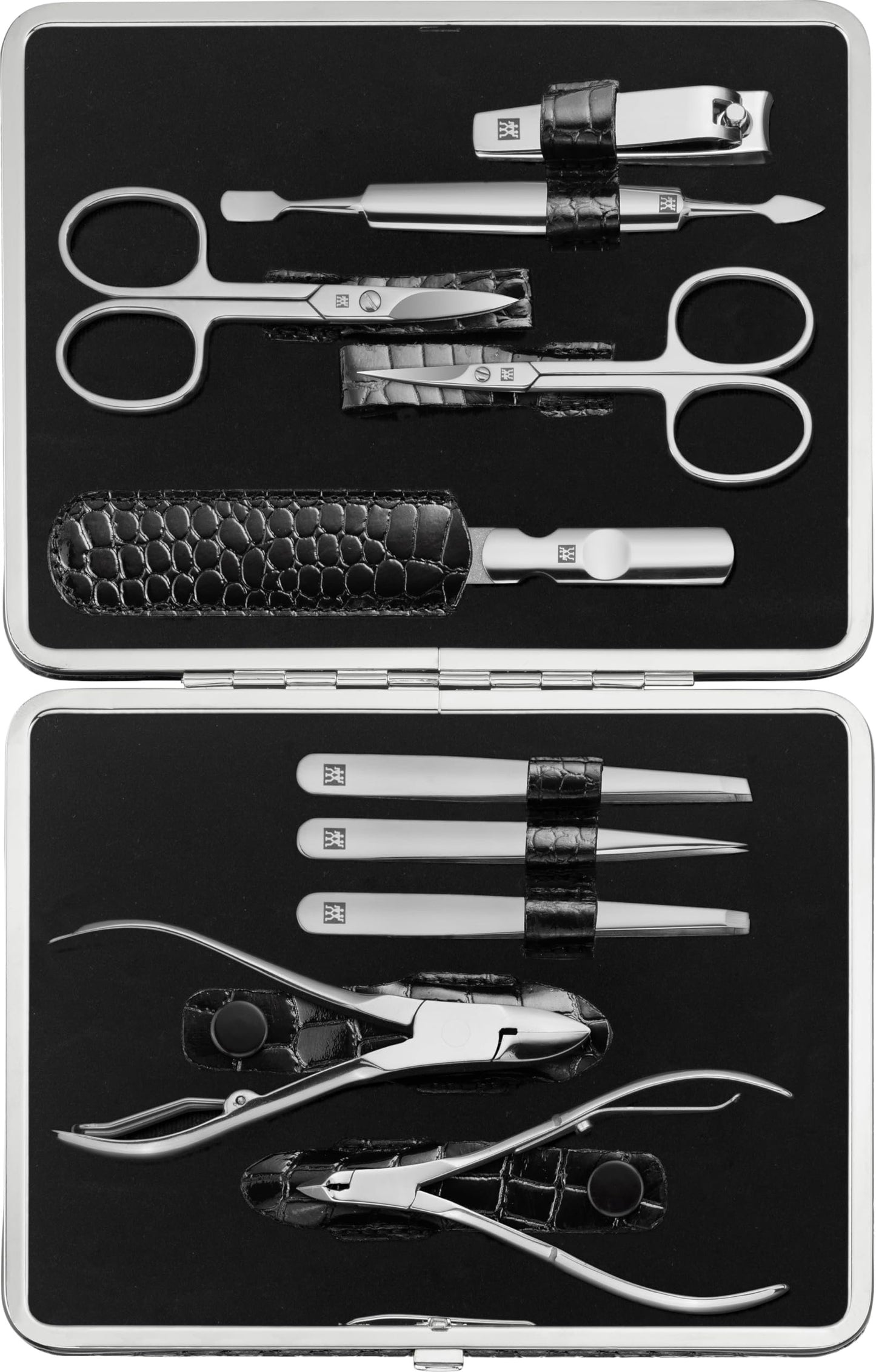 ZWILLING Beauty TWINOX Manicure and Pedicure Crocodile Pattern Cowhide Leather Case with Zip Closure, Nail Care Kit, 6-Piece, Premium Travel Nail Kit, Matte, Black