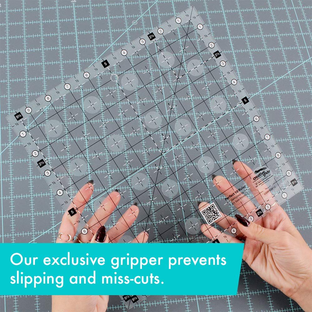 Creative Grids Perfect 10 Quilting Ruler – CGRPERF10 – Made in USA, 10in x 10in Square, Non-Slip Grip Acrylic Quilting, Sewing, Crafting, Patchwork Ruler for Measuring & Cutting Fabric