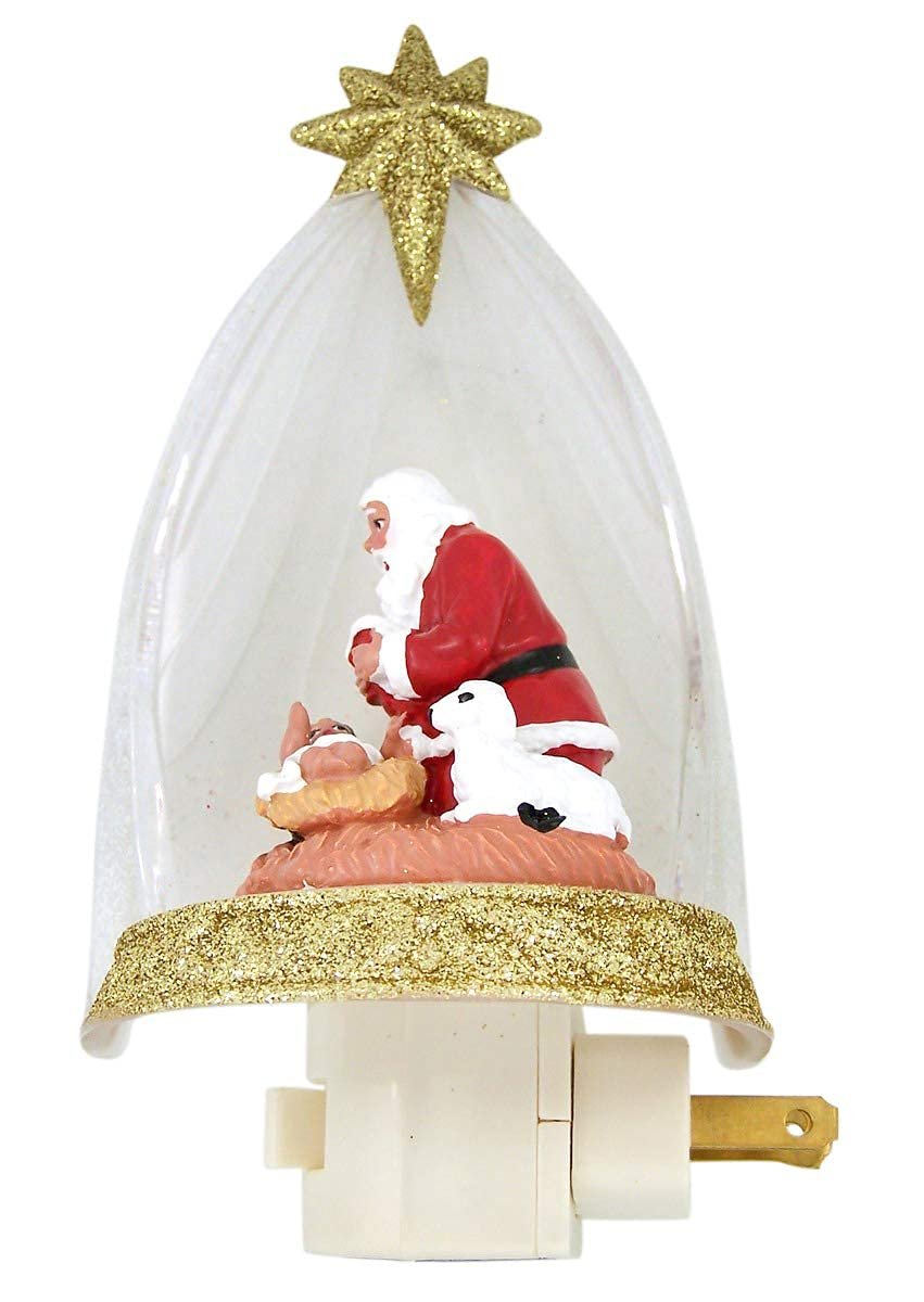 Roman Santa Claus Kneeling Before Baby Jesus in Manger Night Light