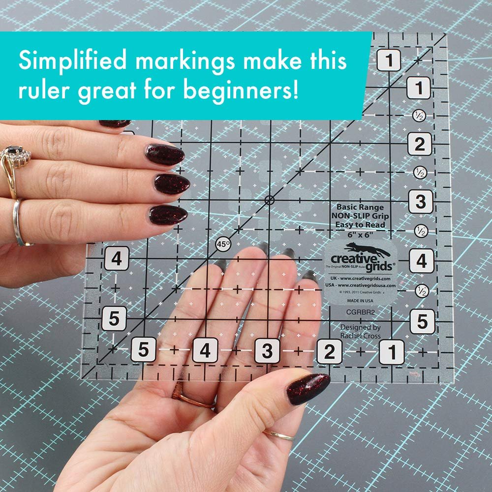 Creative Grids Basic Range 6in x 6in Square Quilt Ruler – CGRBR2 – Made in USA, Non-Slip Grip Acrylic Quilting, Sewing, Crafting, Patchwork Ruler for Measuring & Cutting Fabric