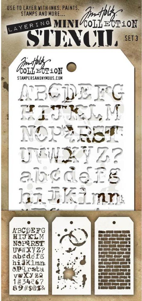 Tim Holtz - Nine Mini Layering Stencils - Industrial, Gears, Plus, Clockwork, Numbered, Crackle, Typo, Splatters and Bricked - aka sets 1, 2 & 3