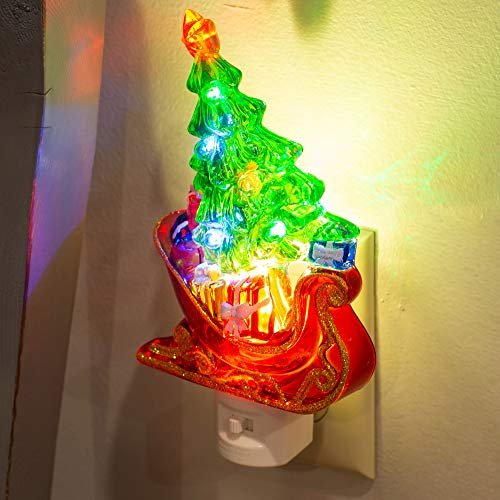 Roman Tree in A Sleigh 6.5 X 2 Inch Acrylic Swivel Plug-in Bubble Night Christmas Lights, Green