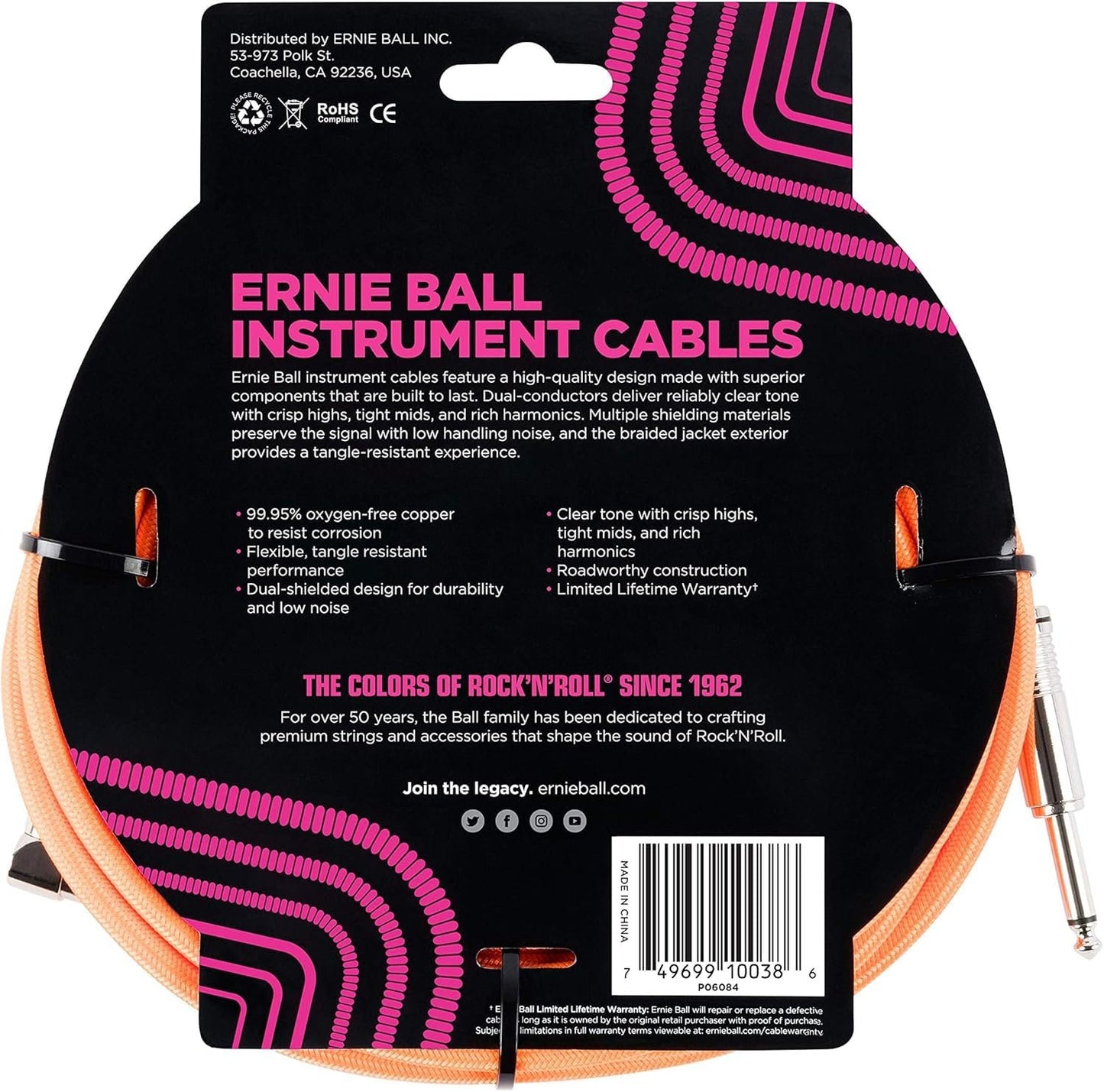 Ernie Ball Braided Instrument Cable Set Straight/Angle Length 18ft in Neon Orange (P06084) - Pack of 2