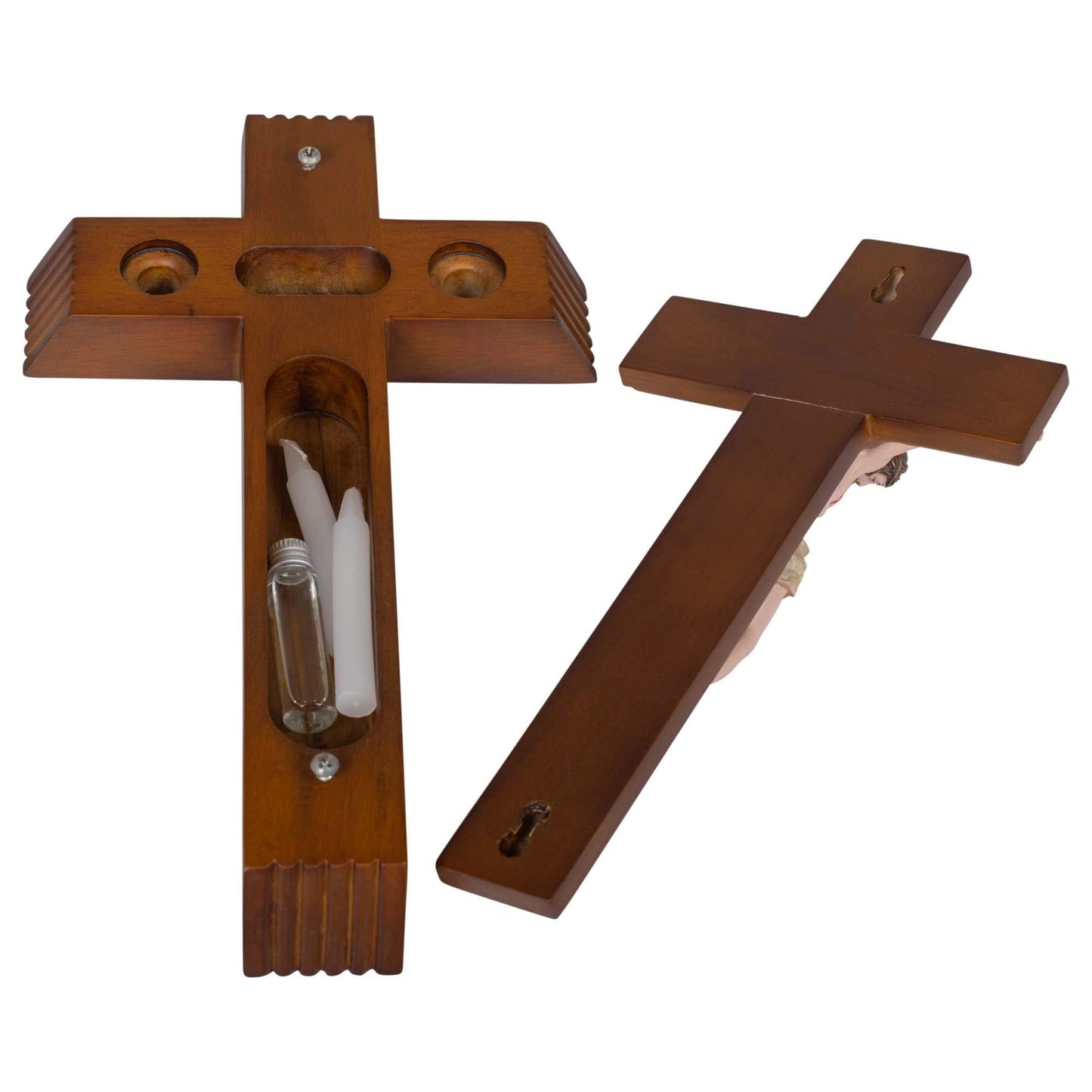 Roman - Sick Call Crucifix Set, 8.5 x 14 Resin Wall Crucifix with Candles and Mini Bottle, 4-Piece Set