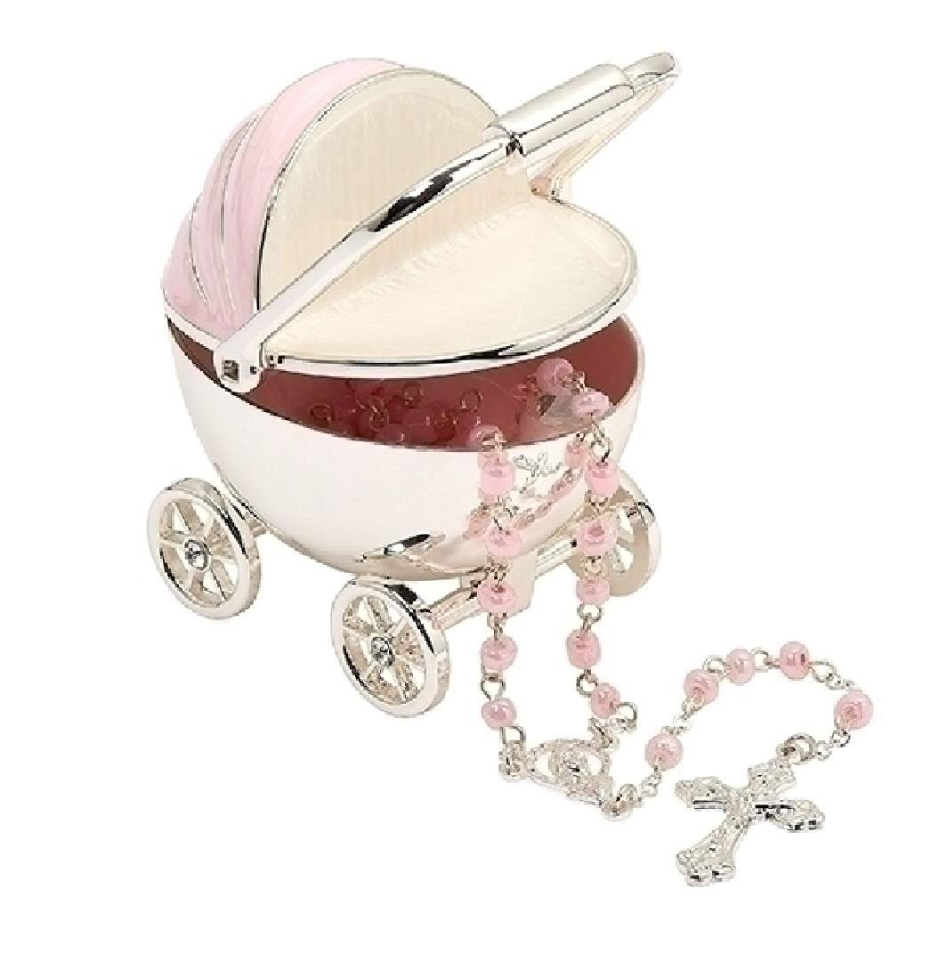 Roman Baptism Pink Baby Carriage Keepsake Box with Rosary, Baby Girl Baptism Gift, Baptized in God, Christening Keepsake