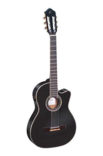 Ortega Guitars 6 String Family Series Pro Solid Top Thinline Acoustic-Electric Nylon Classical Guitar w/Bag, Right (RCE145BK)