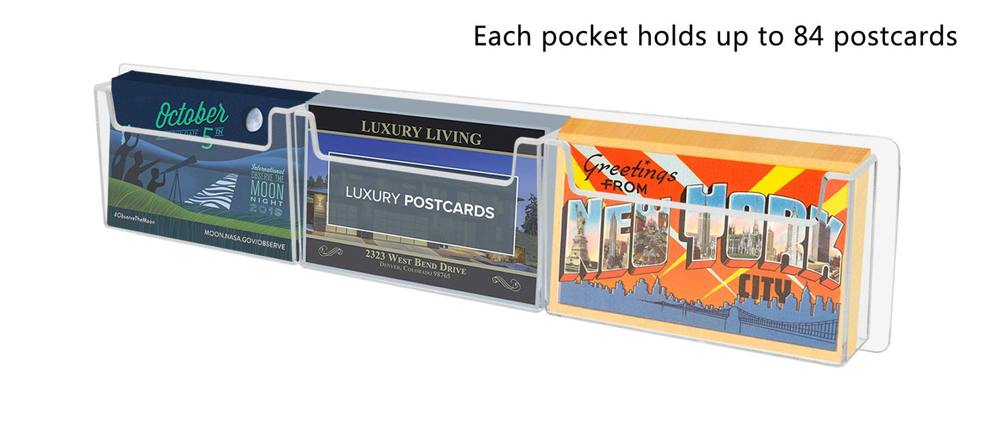 Marketing Holders Postcard Holder Rack Horizontal Clear Acrylic 3 Pocket with Hardware Space Saver Greeting Card or Any 6x4 Printed Media Display System Wall Mount Multi Slot Organizer