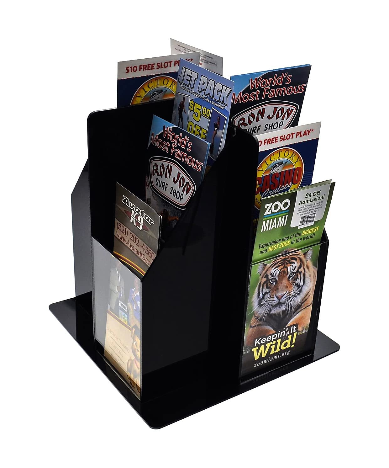 Marketing Holders Rotating Brochure Holder for 4x9 Inch Trifolds 12 Pocket Tiered Clear and Black Acrylic Spinning Countertop Organizer for Rack Cards and Takeout Menus