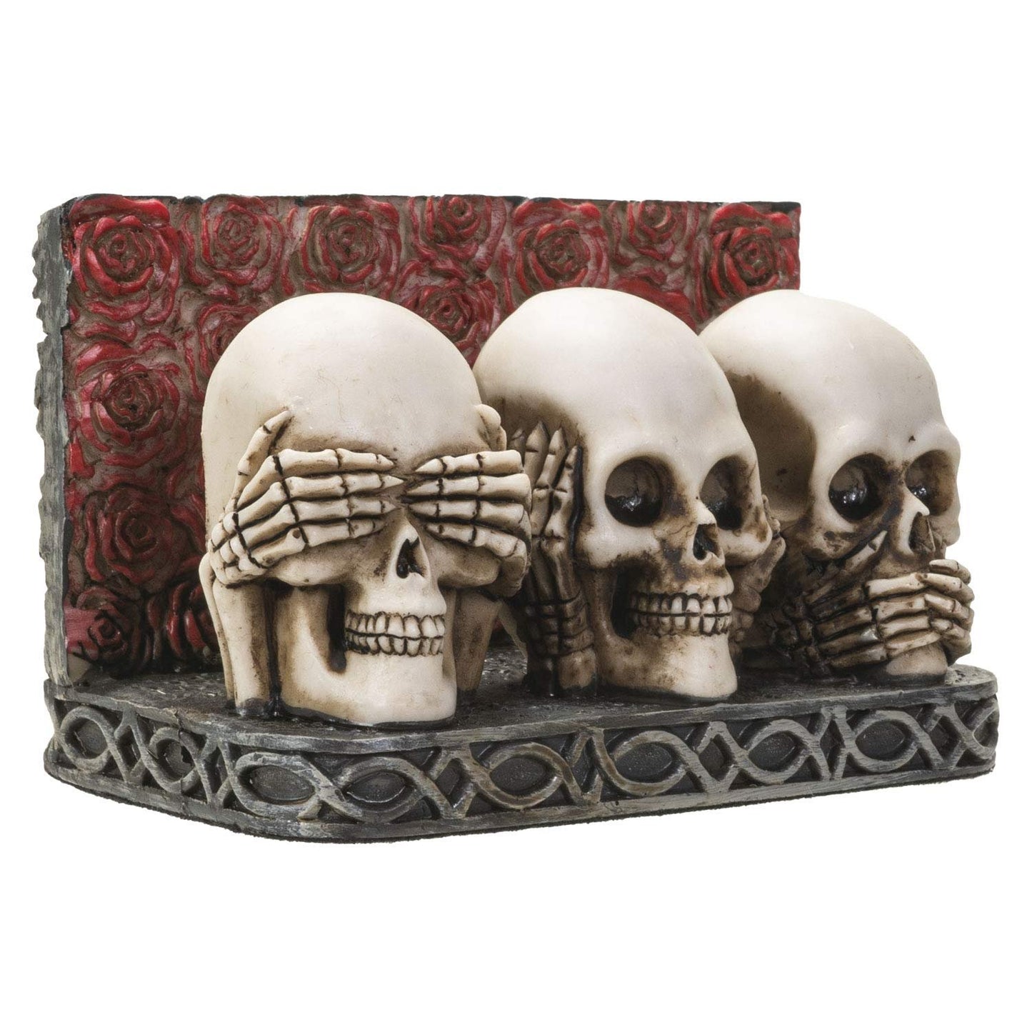 Pacific Trading Company Skull Business Card Holder for Desk, Hand Painted See Hear Speak No Evil Gothic Desktop Name Cards Display Organizer, 3 3/4 inchL x 2 1/8 inchH