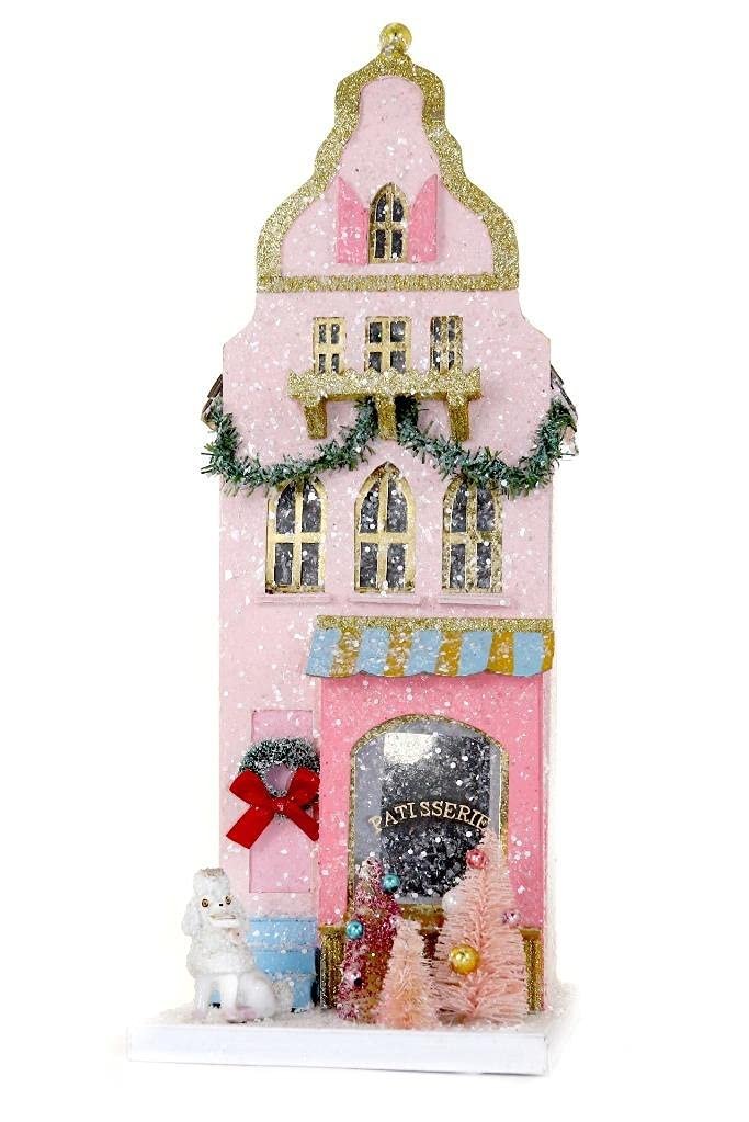 Pale Pink Patisserie Bakery Shop with Poodle Christmas Village Store House, Multicolor