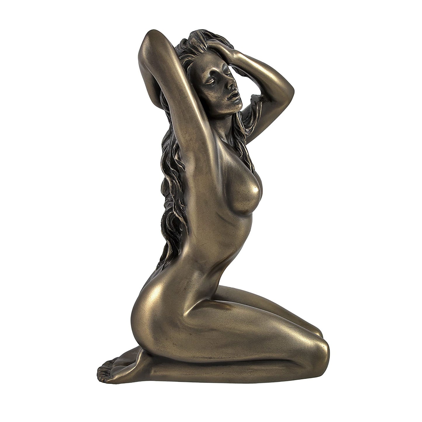 Veronese Design Bronze Finished Female Tasteful Nude Cast Resin Statue - Kneeling with Hands in Hair, Facing Right - Sculpted Elegance Embracing Femininity - 6 Inches Tall