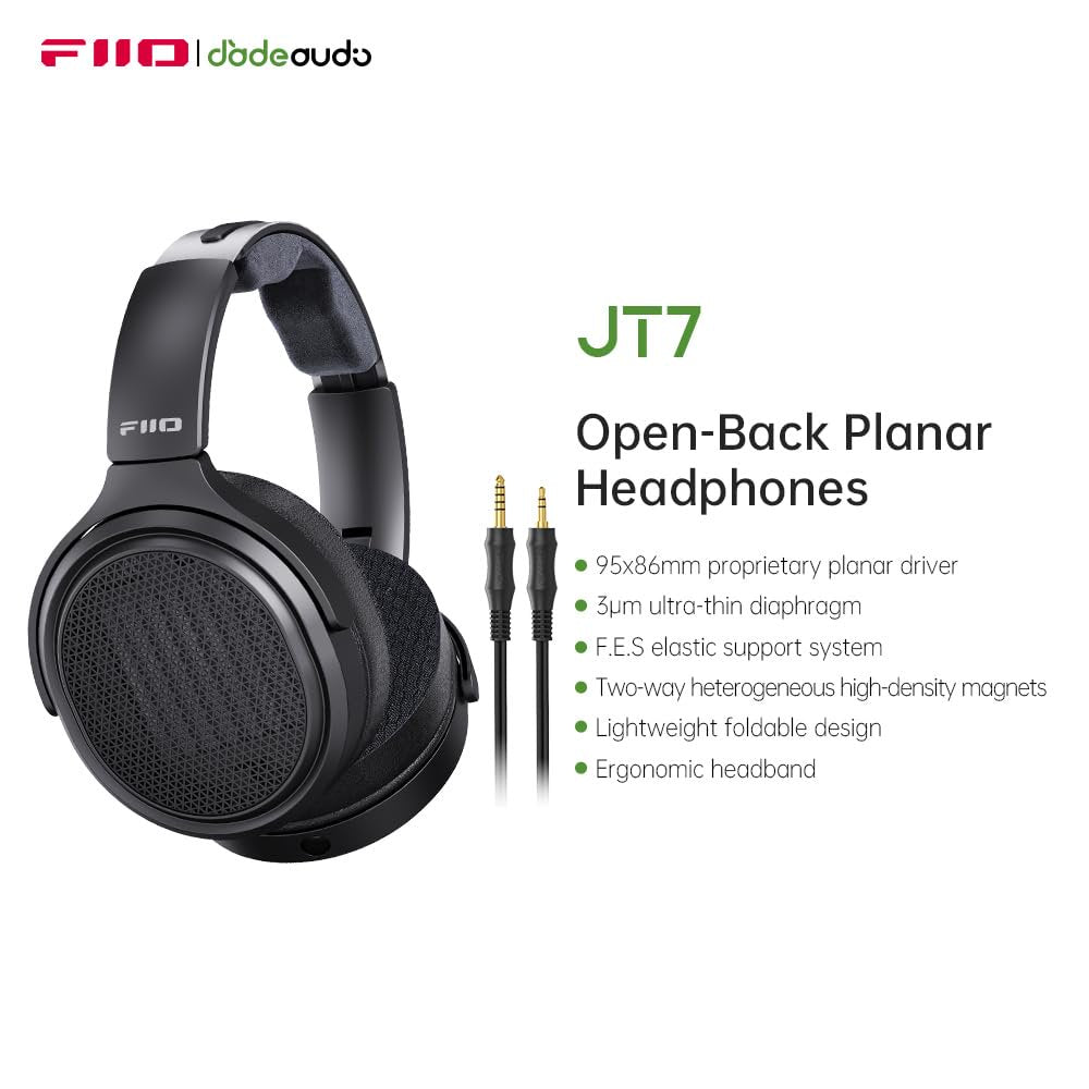 FiiO JT7 Over-Ear Planar Magnetic Headphones, 95x86mm Planar Driver, 3µm Ultra-Thin Diaphragm, Foldable Lightweight Design, Detachable 4.4mm/3.5mm Cable for Audiophiles