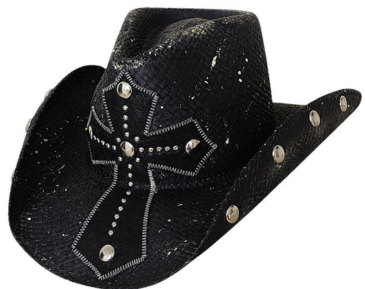 Bullhide No Mercy Panama Straw Western Hat with Leather Cross and Studded Brim