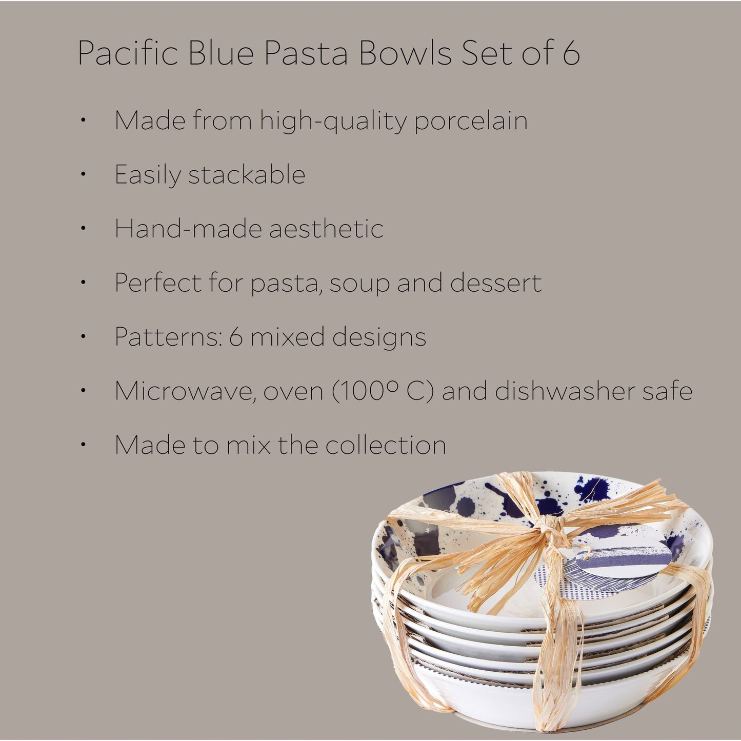Royal Doulton Porcelain Pacific Mixed Patterns Set of 6 Pasta Bowls, 22cm, Blue