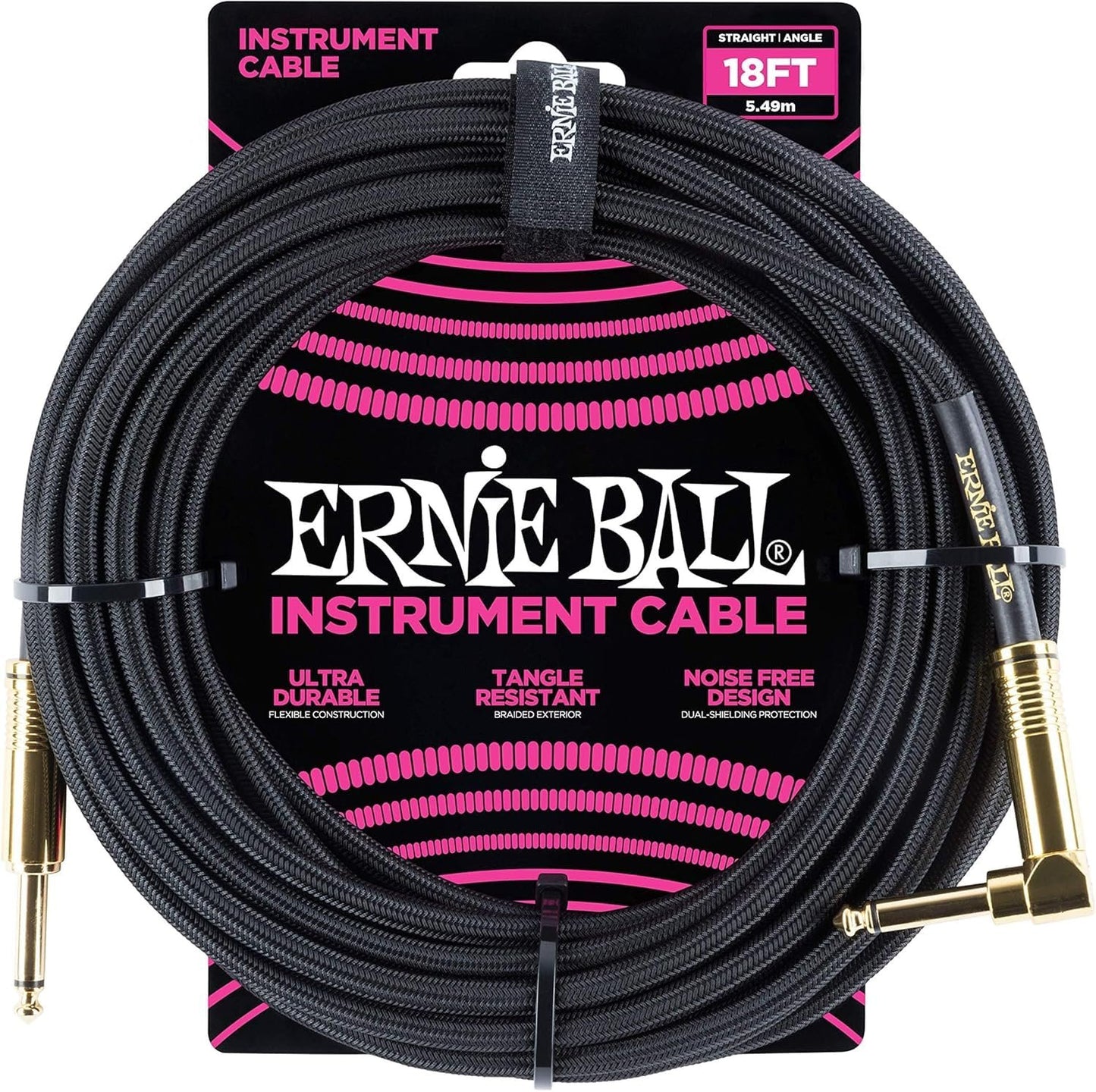 Ernie Ball Braided Instrument Cable Set Straight/Angle Length 18ft in Black (P06086) - Pack of 2